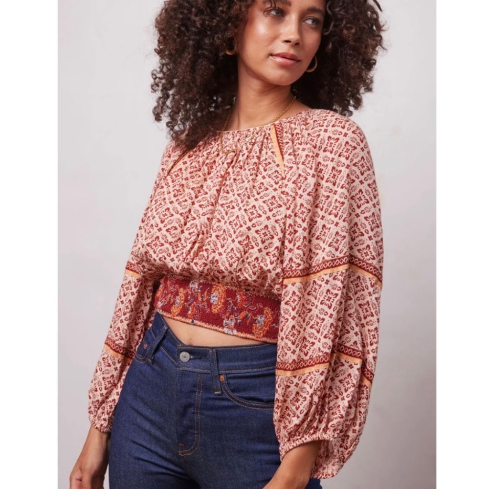 PATRONS OF PEACE Irving Adobe Tile Print Cropped Smocked Top Boho Peasant Medium